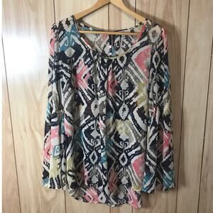 Blu Pepper Vintage Pleated Geometric Scoop Neck Long Sleeve Blouse L